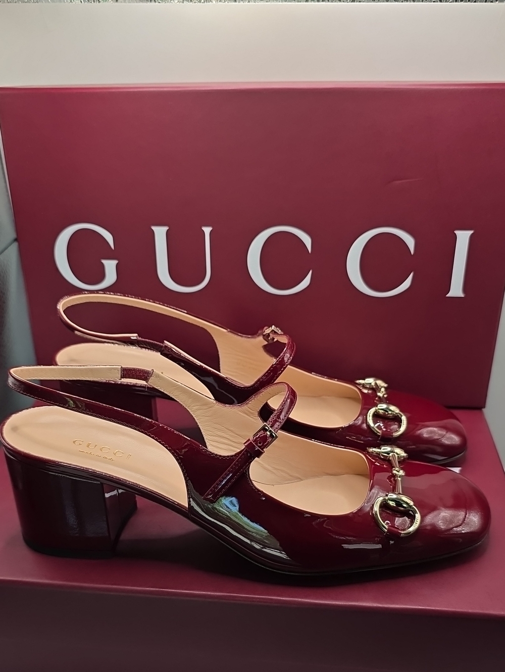 Gucci Burgundy Patent Slingback Heels with Gold Horsebit